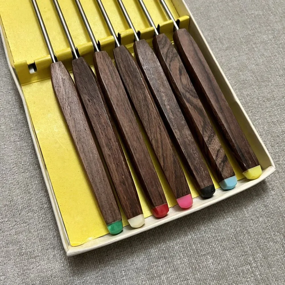 VTG MCM Teak Handle Stainless Fondue Forks Original Box 11 Pcs Made In Japan EXC